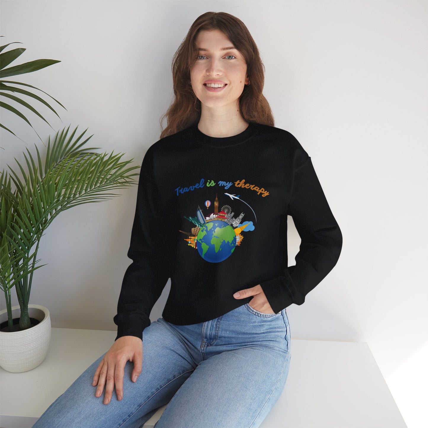 Travel Is My Therapy Sweatshirt — Globe & Landmarks Crewneck for Travelers