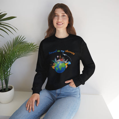 Travel Is My Therapy Sweatshirt — Globe & Landmarks Crewneck for Travelers