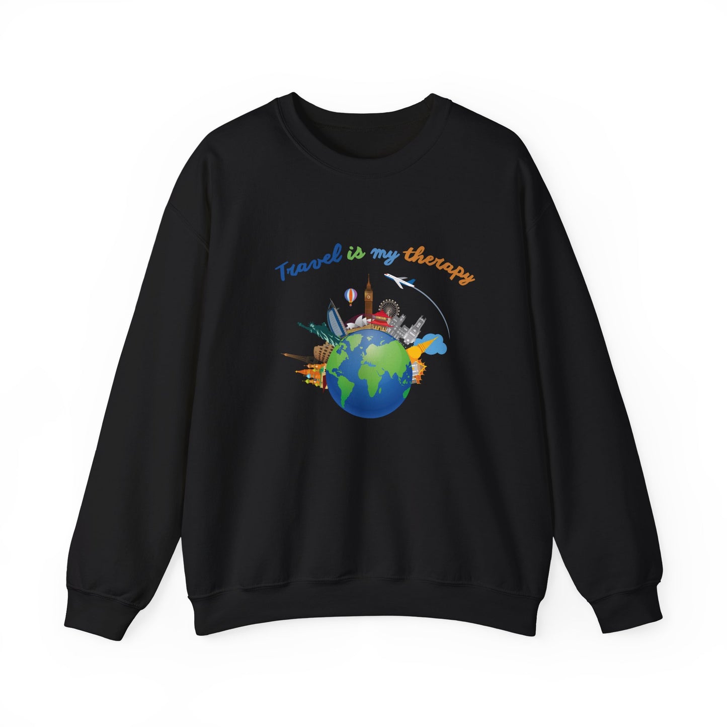 Travel Is My Therapy Sweatshirt — Globe & Landmarks Crewneck for Travelers