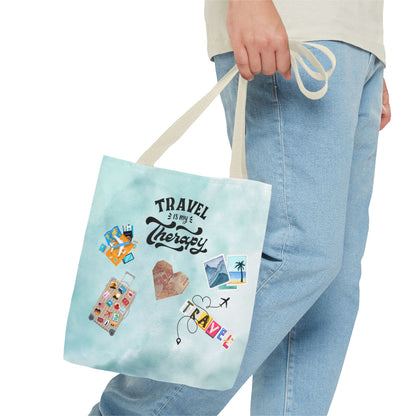 Travel Is My Therapy Tote Bag – Watercolor Passport & Luggage Print