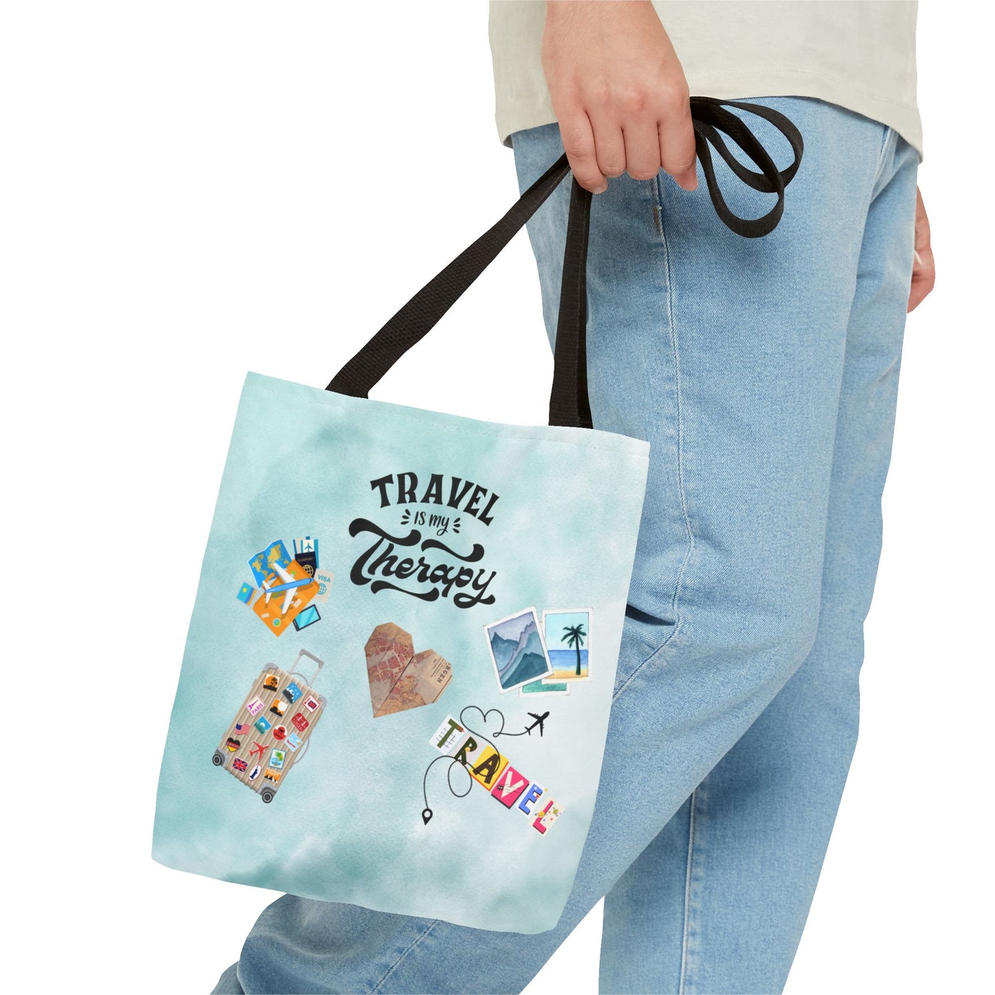Travel Is My Therapy Tote Bag – Watercolor Passport & Luggage Print