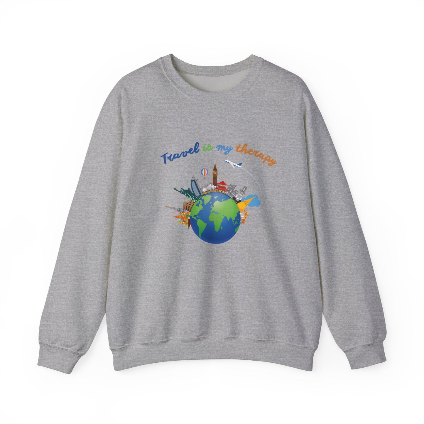 Travel Is My Therapy Sweatshirt — Globe & Landmarks Crewneck for Travelers
