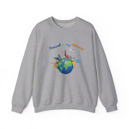 Travel Is My Therapy Sweatshirt — Globe & Landmarks Crewneck for Travelers