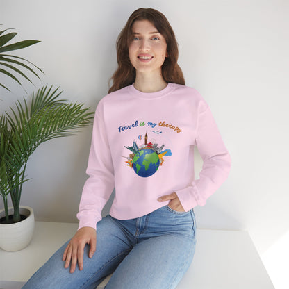Travel Is My Therapy Sweatshirt — Globe & Landmarks Crewneck for Travelers