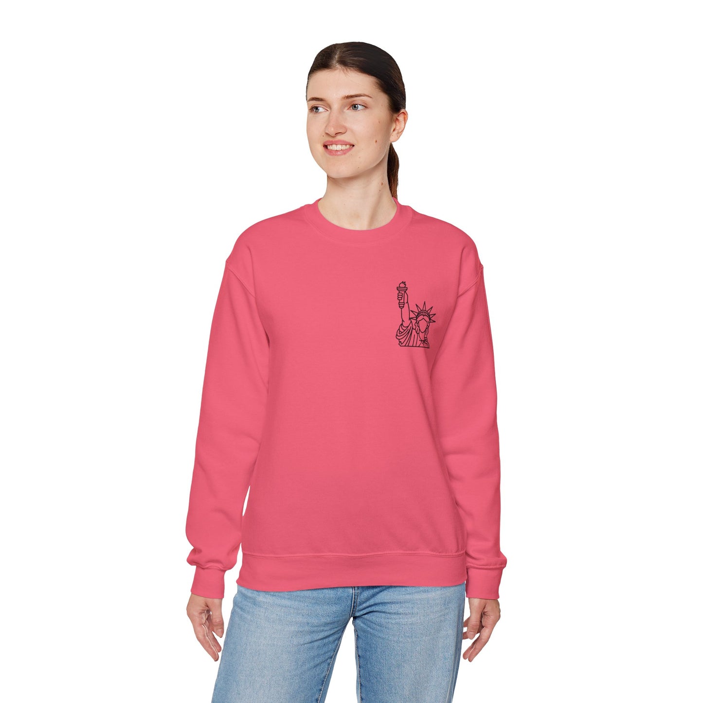 New York City Skyline Crewneck Sweatshirt — Statue of Liberty Chest Graphic