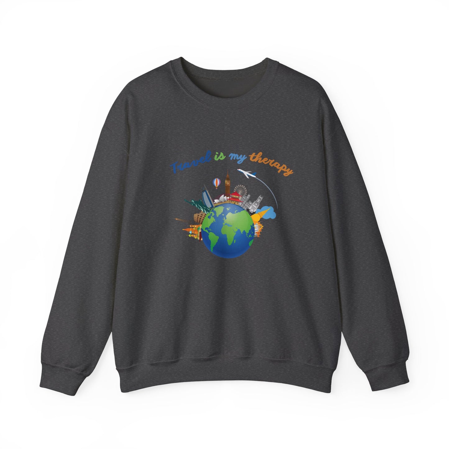Travel Is My Therapy Sweatshirt — Globe & Landmarks Crewneck for Travelers