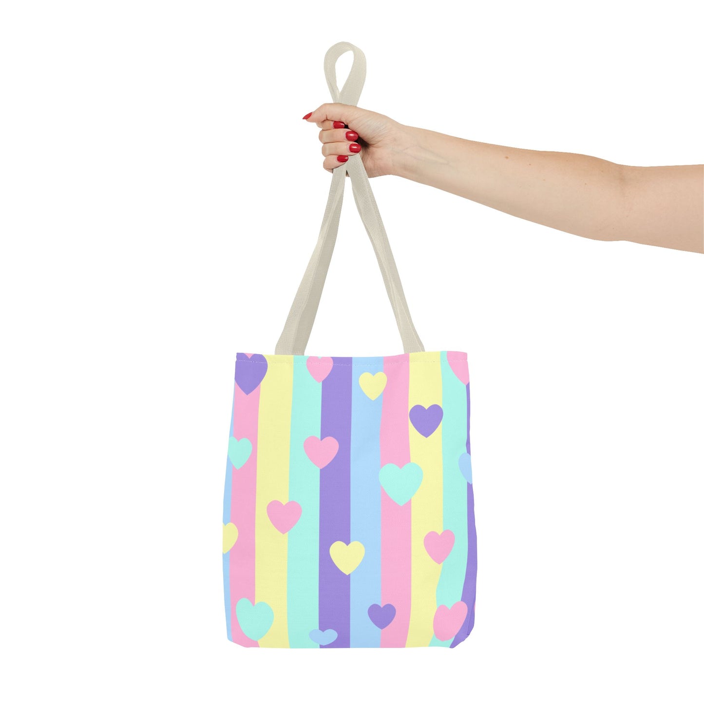 Pastel Heart Stripe Tote Bag — Cute Pattern AOP Tote for Gifts & Everyday Use