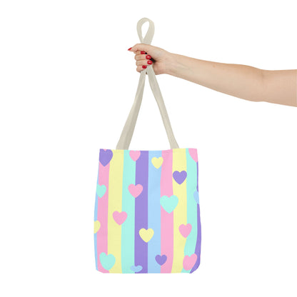 Pastel Heart Stripe Tote Bag — Cute Pattern AOP Tote for Gifts & Everyday Use