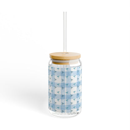 Aesthetic Blue Bow Sipper Glass with Bamboo Lid - 16oz